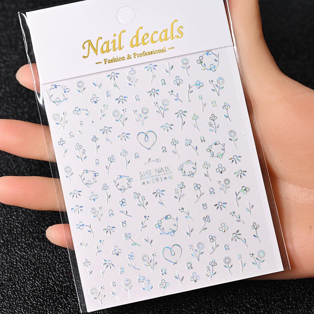 Best-Selling Japanese Aesthetic Laser Silver Heart Nail Stickers - Plant-Inspired Nail Art