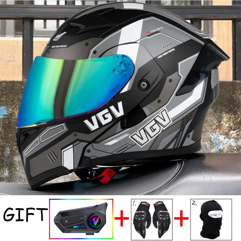 VGV Double Lens flip up helmet Openable motorcycle helmet come with wireless headset gloves headgear Value Promotional Packages