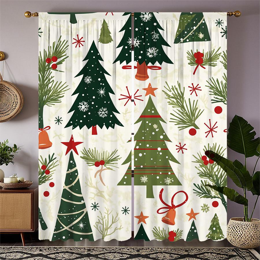 

Cartoon Christmas Tree Printed Curtains Pole Bag Decorations Daily Home Room Curtain Made Of Polyester Washable W100*H130(CM)-Hooks&2PCS