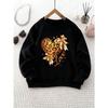 Unisex Crew Neck Sweatshirt with Leopard Print Heart and Bow Decoration , Long Sleeve, Casual Style, Perfect for Camping and Parties