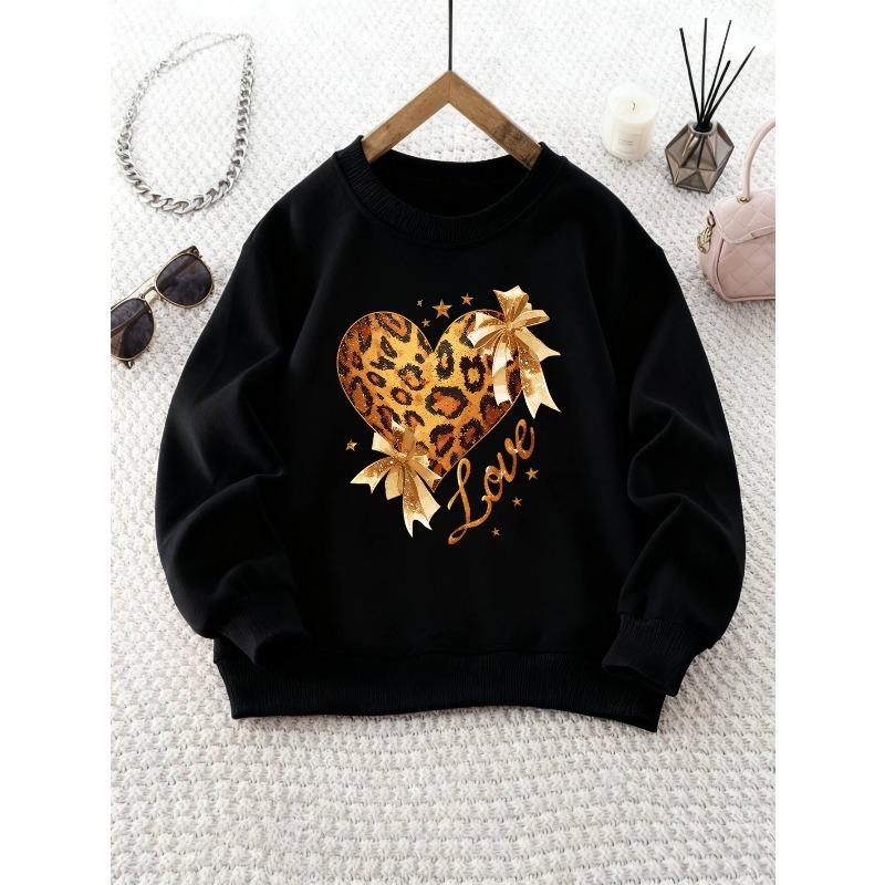 Unisex Crew Neck Sweatshirt with Leopard Print Heart and Bow Decoration , Long Sleeve, Casual Style, Perfect for Camping and Parties