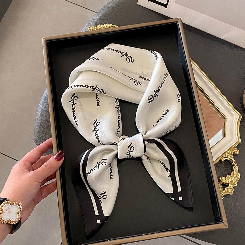 Luxury Design Silk Skinny Scarf Bag Handle Ribbon Ladies Little Cat Print Headband Small Hair Scarves Band Female Handkerchief