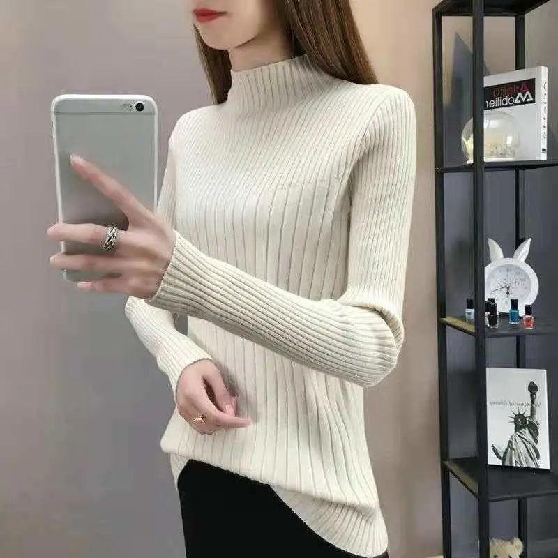 Spring Autumn Half High Neck Solid Color Knitted Jumpers Female Korean Large Size Slim Long-sleeved Sweaters