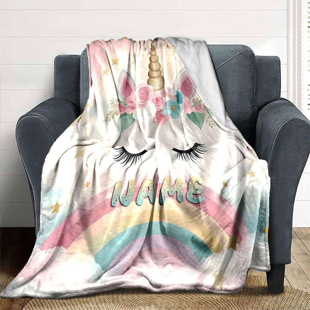 Unicorn With Floral Crown And Rainbow Backdrop Cozy Personalized Blanket Personalized Name Ultrasoft Great For Sofa Couch Office Bed Picnics Allseason