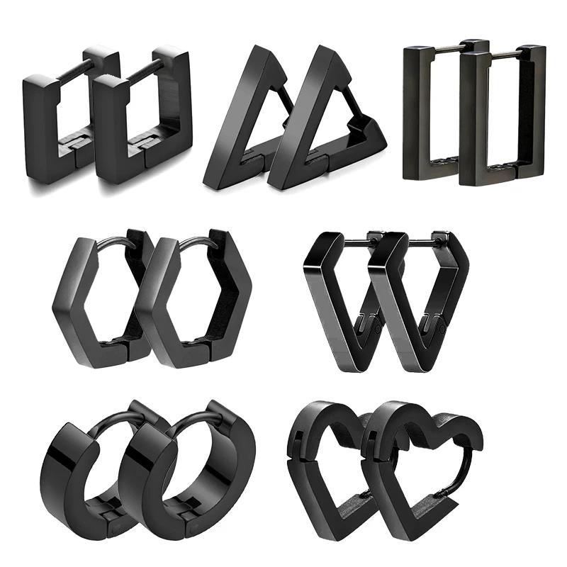 Fashion Black Hoops Earring for Men Geometric Rectangular Hexagon Triangle Pentagram Square Hoop Earring Women Jewelry