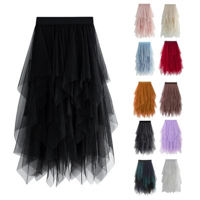 Gonna alla moda sexy da donna in rete a tinta unita, gonna a bolle irregolare in tulle elastico, vita quotidiana e vacanza