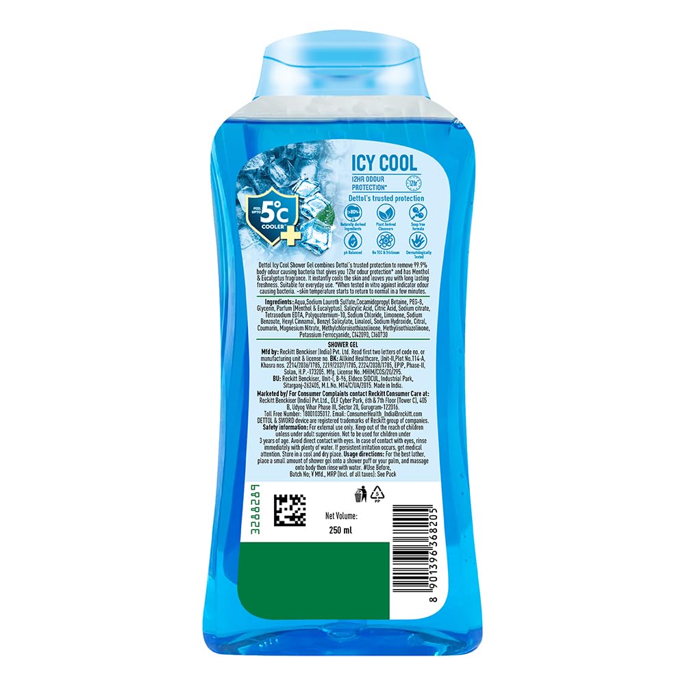 Dettol Body Wash and Shower Gel, Cool - 250ml | Soap-Free Bodywash | 12h Odour Protection
