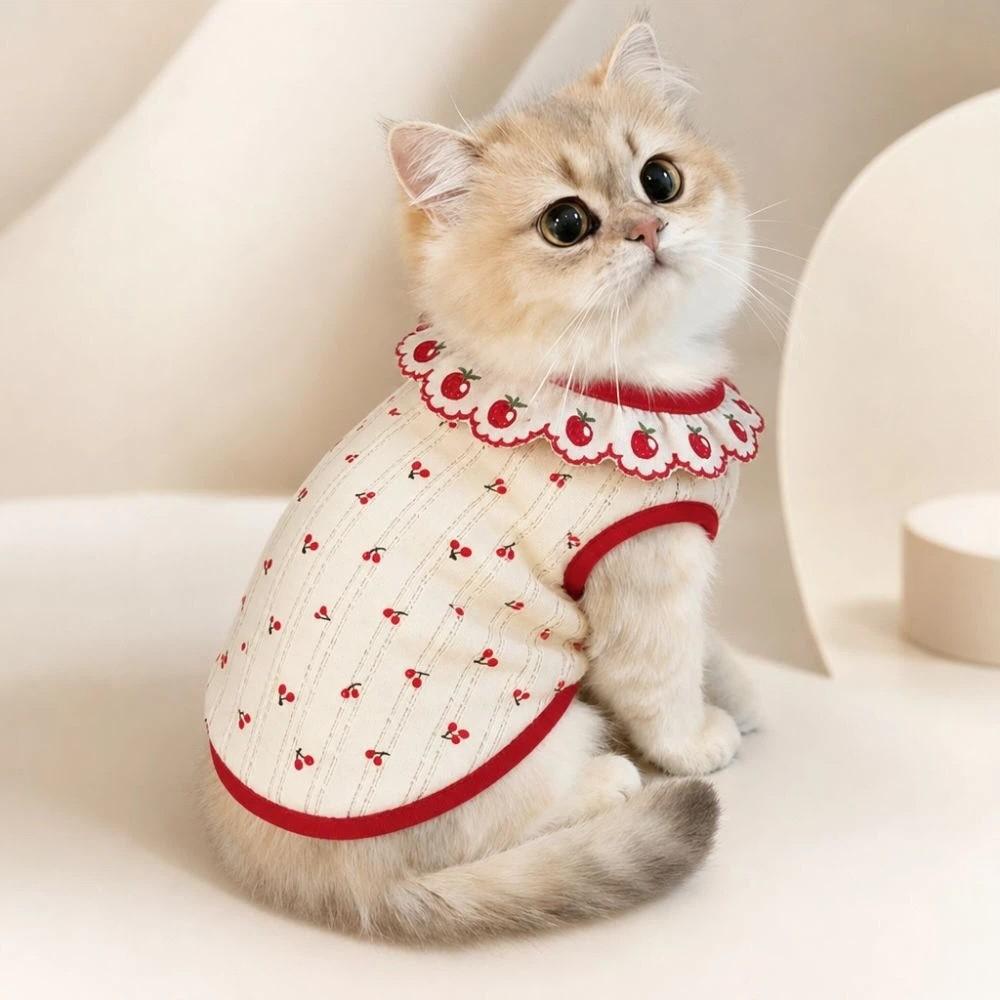 Thin Cat Pullover Cherry Pattern Pet Shirt Cute Cat Flower Edge Vest Pet Clothing