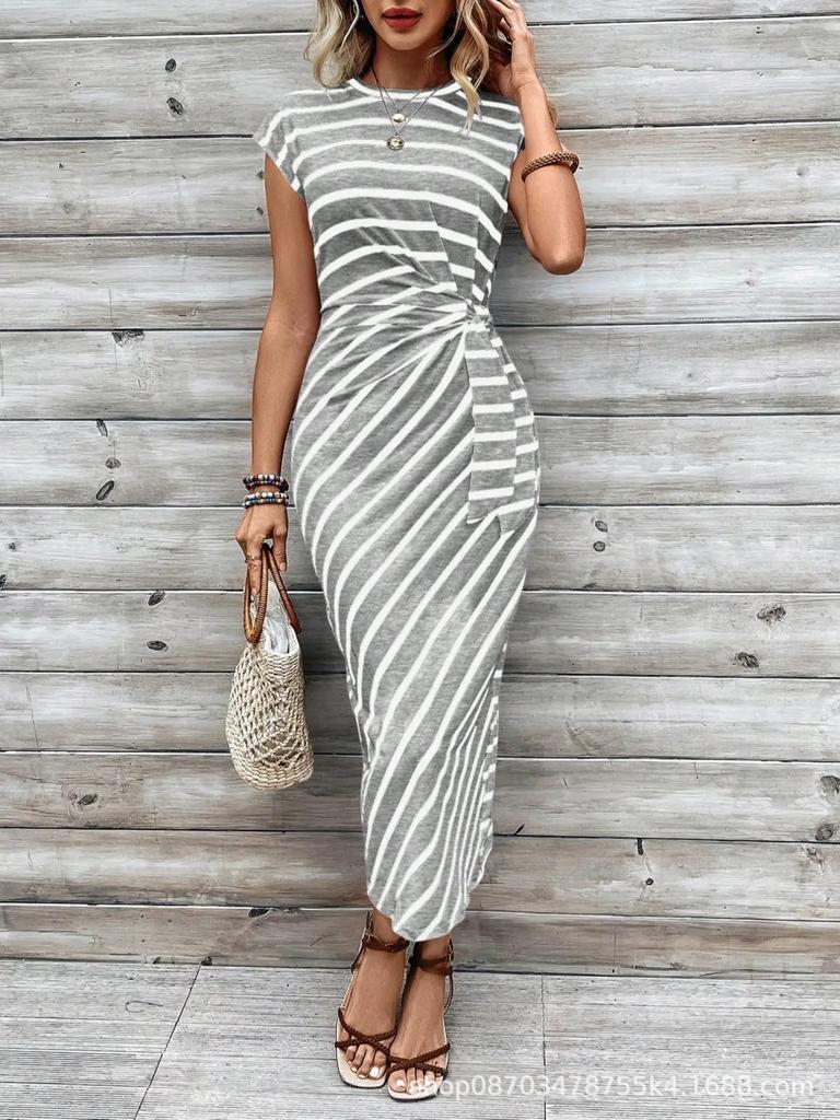 Sommer Damen Langer Rock O-Ausschnitt Kurzarm Gestreift Tailliert Mode Schlank-schlank Urlaub Party Freizeitkleid