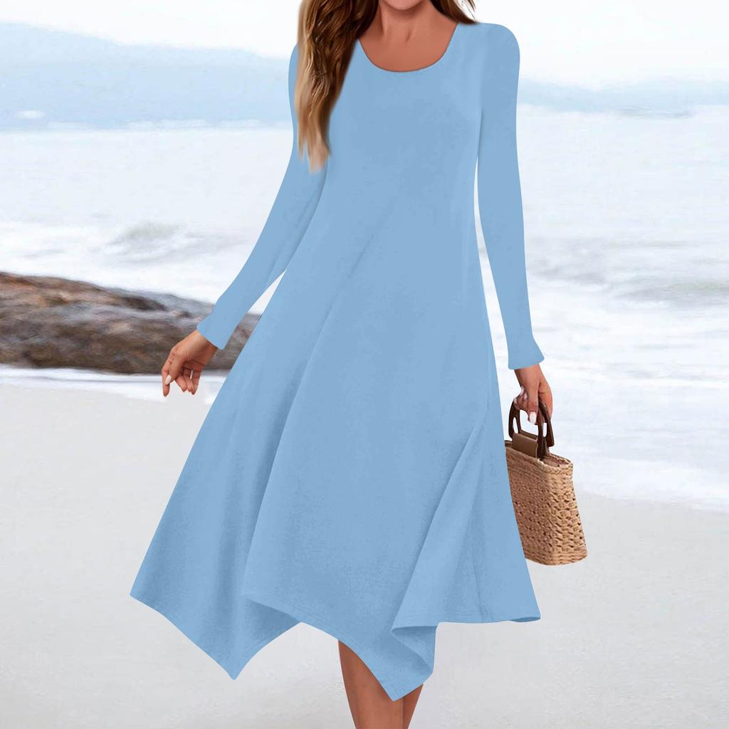 Women's Casual Fashion Round Neck Long Sleeve Solid Color Irregular Hem Midi Dress