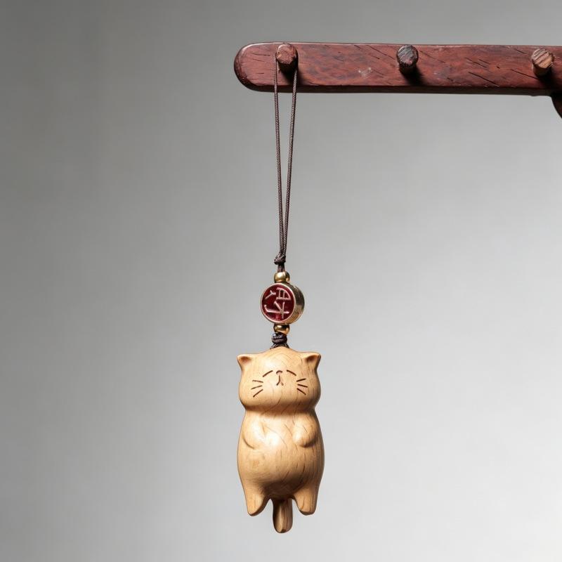 Beech Wood Carved Kitten Pendant - Cute Hanging Ornament & Creative Wooden Accessory
