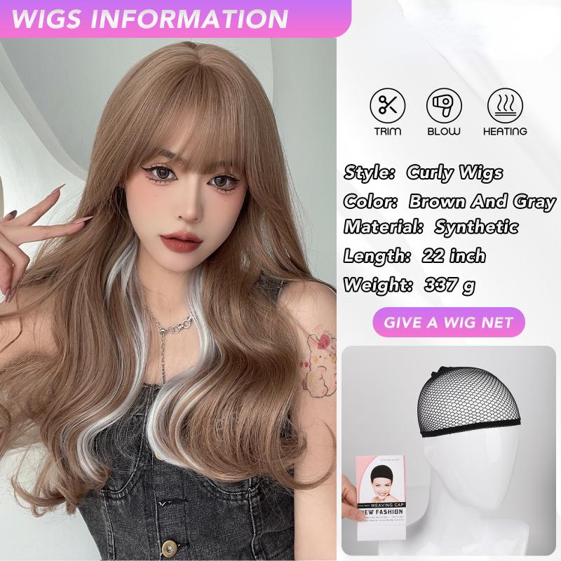 Brown Gray Curly Wave Wigs Air Bangs 22 Inch  Fiber Synthetic Heat-resistant Deep Wave Hair Natural Party or Selfie Korean Fashion