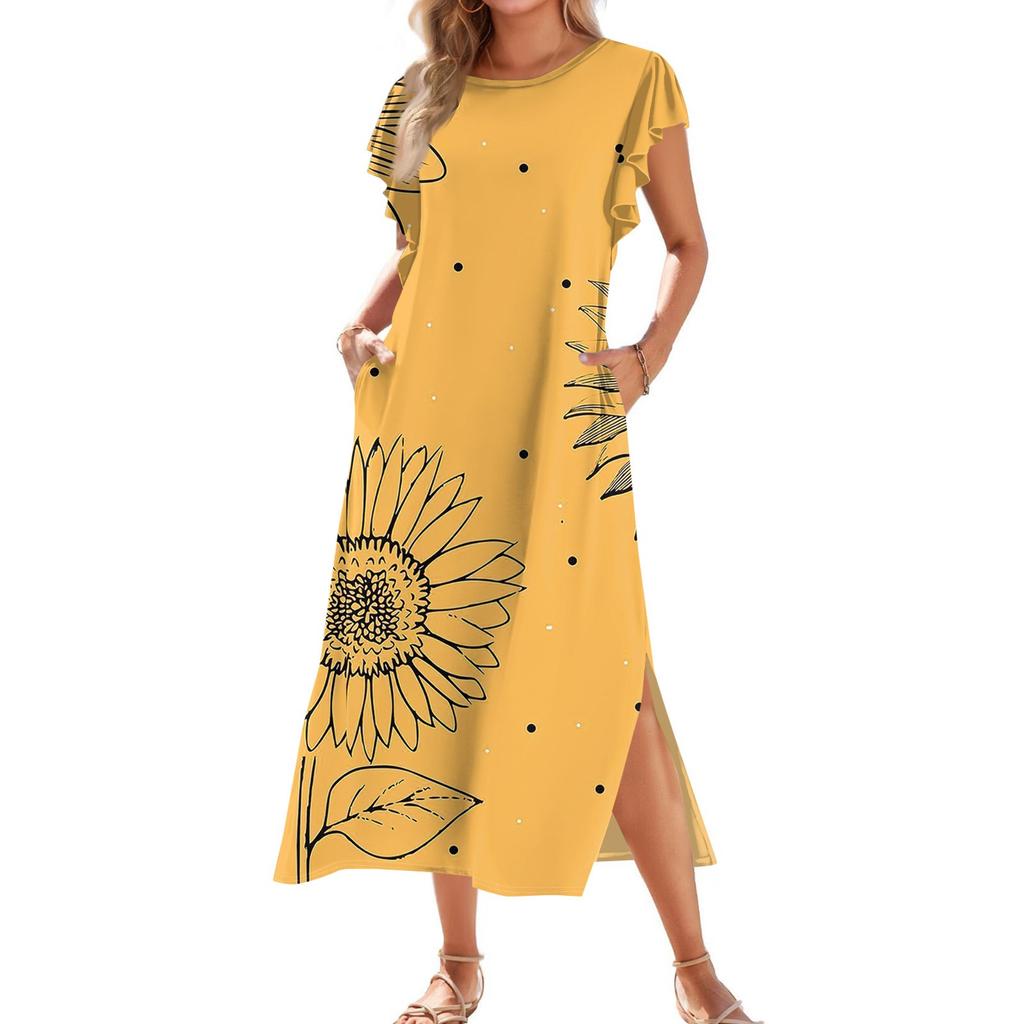 Ladies' Fashionable Summer Casual Pleated Sleeves, Loose Retro Floral Print, Short Sleeves, Round Tie, Pocket Beach Dress