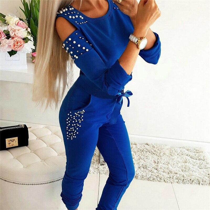 Trainingsanzug Damen Zweiteiliges Set Perlenverzierung Kalte Schulter Langarm Oberteil + Hose Jogginganzug Damen Lässige Loungewear Outfits