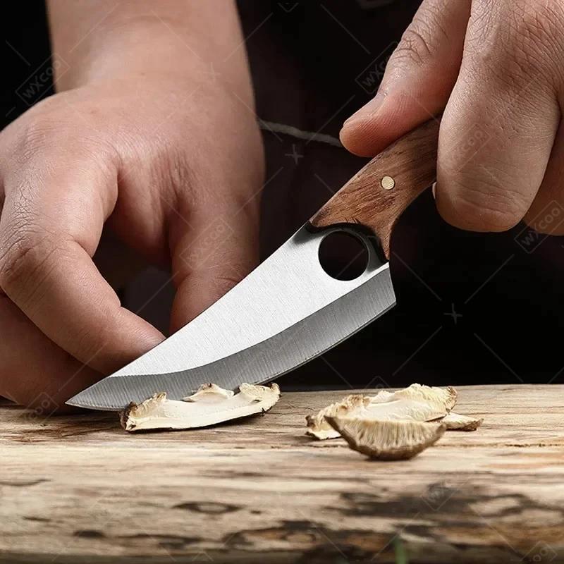Portable Boning Knife Mini Kitchen Pocket Knife Chef Meat Cutting Fruit Cleaver Butcher with Cover Cooking Wooden Handle