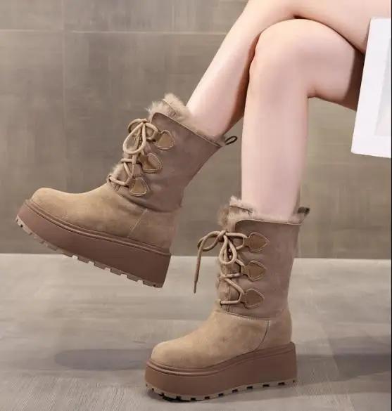 9 см коровья замша натуральная кожа ботильоны на плоской подошве обувь на танкетке зимние — фото 6