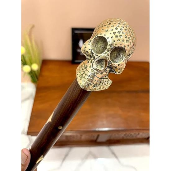 Vintage Brass Skull Head Handle Antique Stylish Wooden Walking Stick Cane