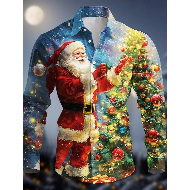 Christmas Santa Claus Casual Men's Button Up Shirt Long Sleeve Christmas theme Shirt Collar Button Up 3D Print Thin Polyester