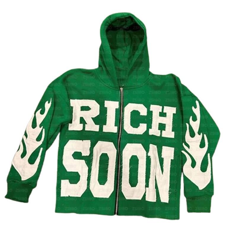 Unisex Hooded Zip-Up Sweatshirt With Letter Print Loose Fit Streetwear Casual Pullover
