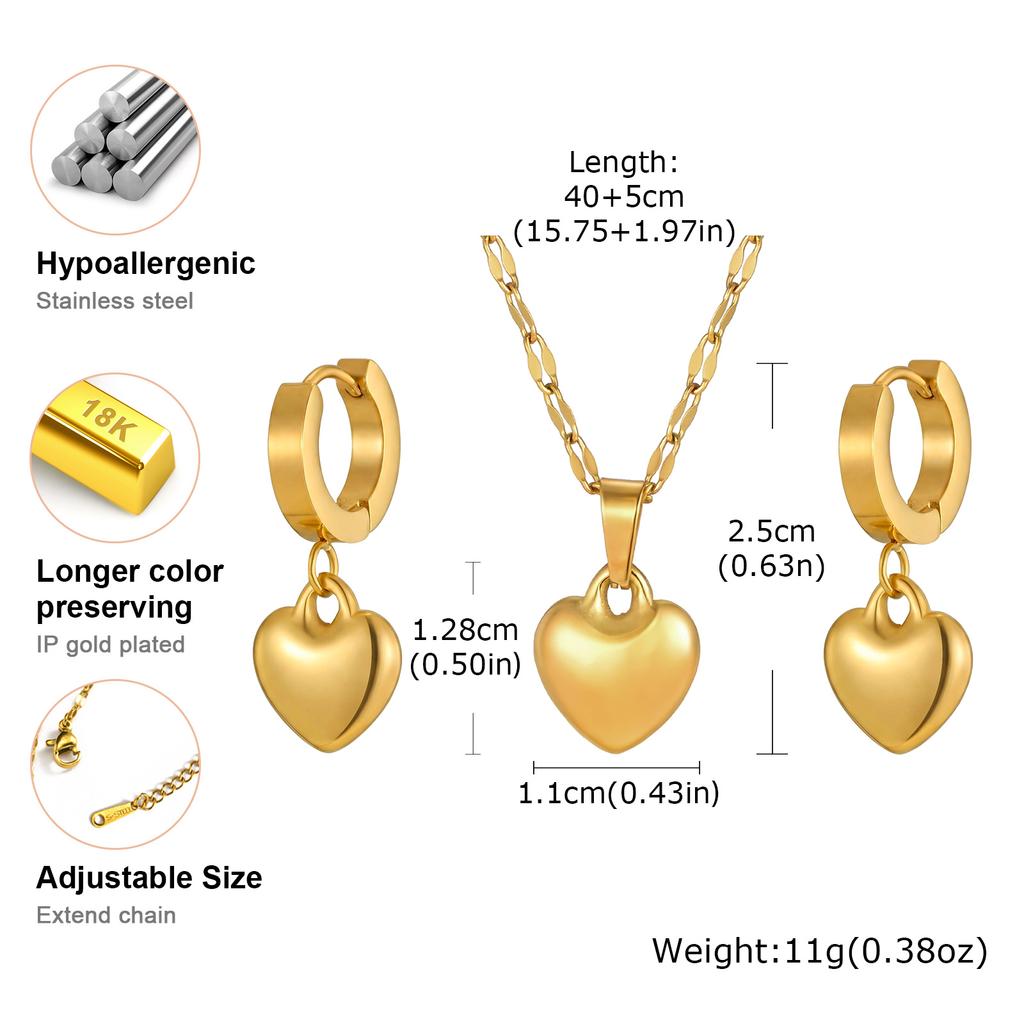 High Quality Heart Shape Earrings Necklace Set Gold Plated Love Earrings Necklaces Stainless Steel Set Jewelry Gift for Mother
