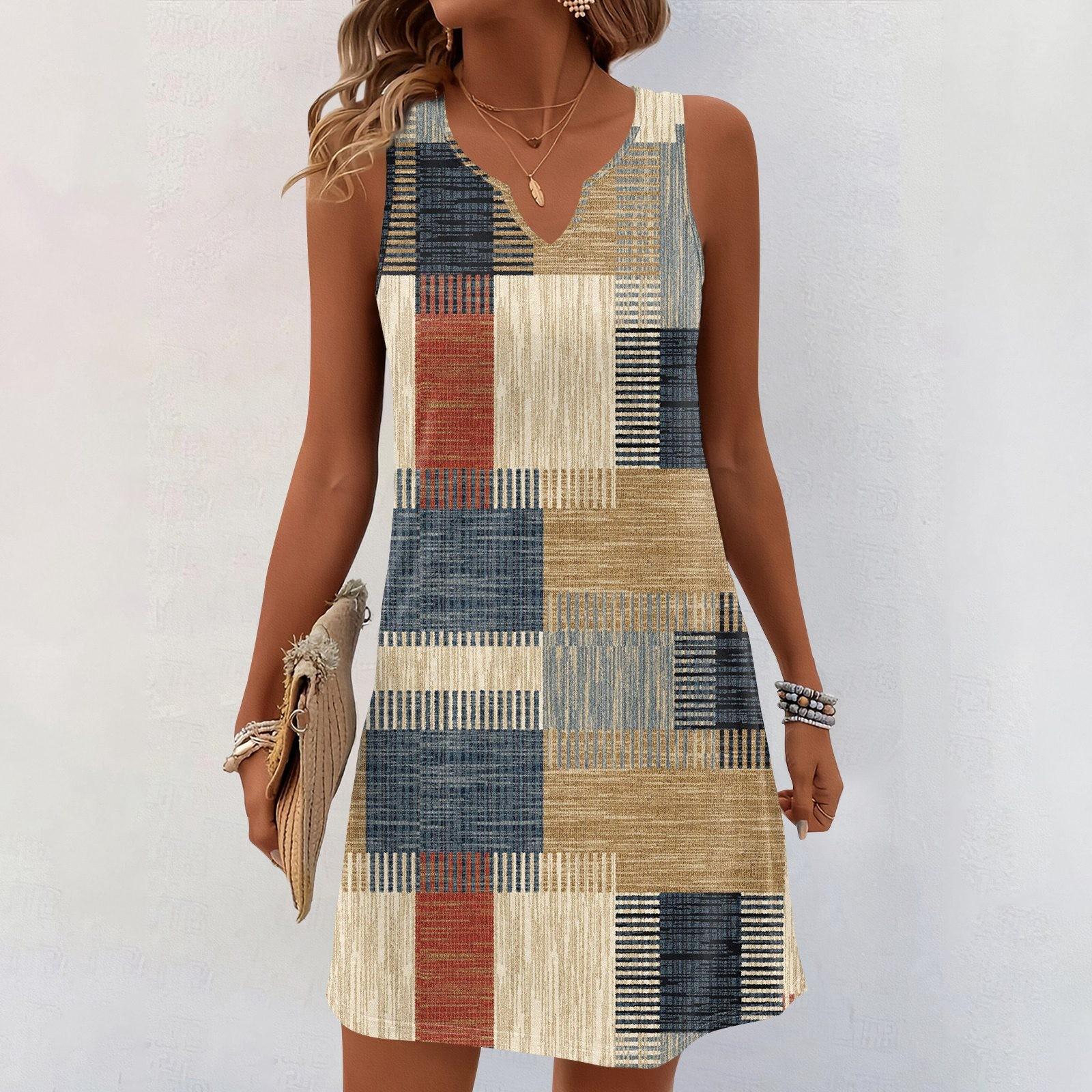 

Женские летние платья с V-образным вырезом и принтом без рукавов Сарафан Повседневное платье XXL хаки