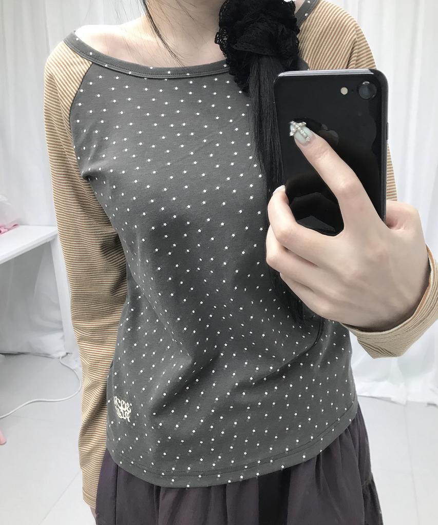 SOME PLACE Star Stripe Mix Embroidered Raglan Long Sleeve Boat Neck T-Shirt _ 2 Colors