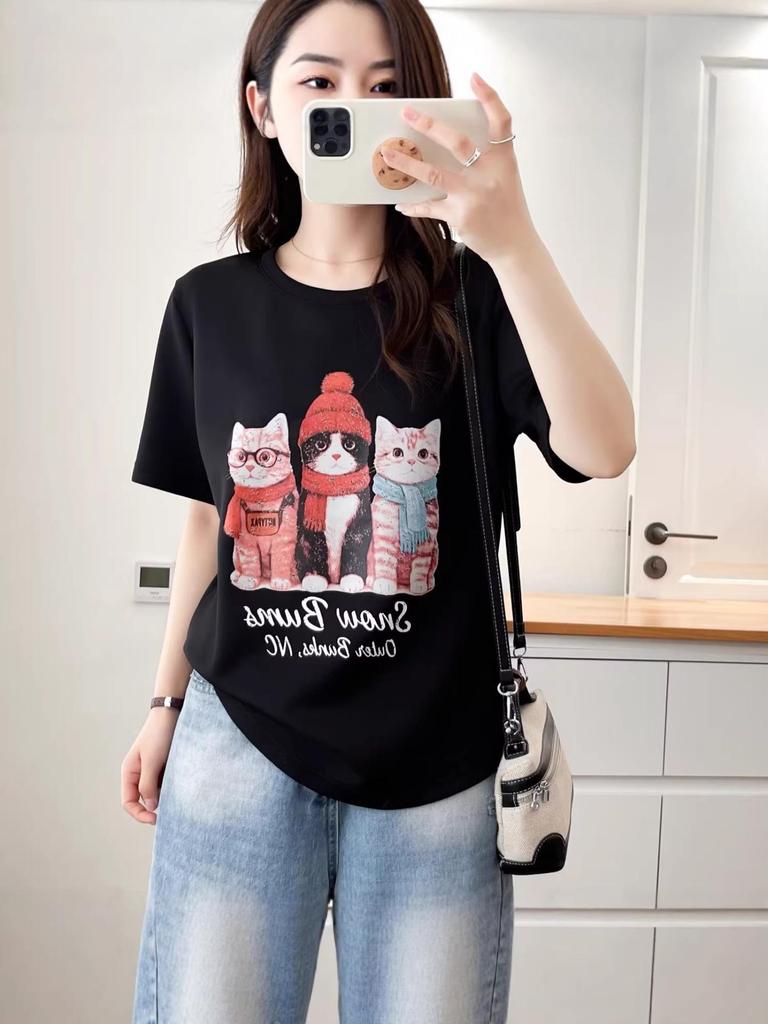 2026 Summer Korean Style Loose Fit Cartoon Cat Print Plus Size Pullover T-shirt for Women