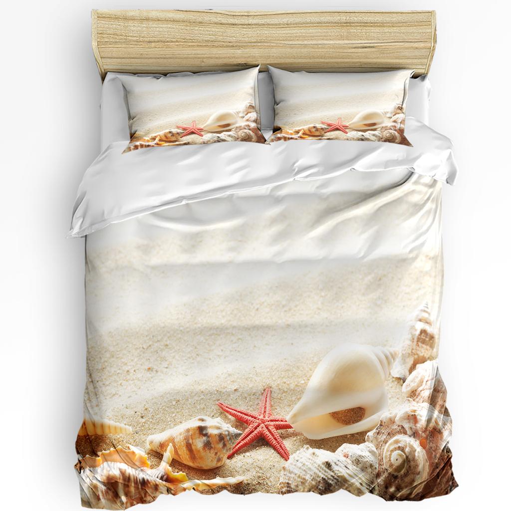 Beach Sea Starfish Shells Green 3pcs Bedding Set For Bedroom Double Bed Home Textile Duvet Cover Quilt Cover Pillowcase