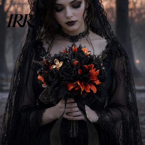 Artificial Halloween Flowers Wedding Bouquets for Bride And Bridesmaid, Gothic Bouquet, Black Rose Blooms Fake Bouquet Centerpiece, Party Dark Floral