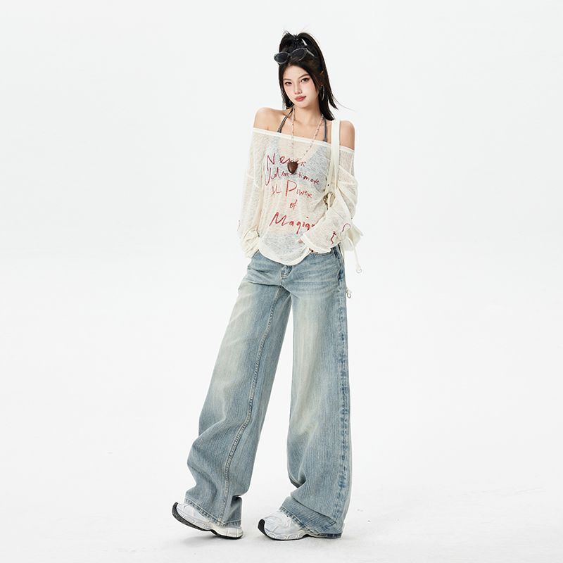 Spring Summer Distressed Light Slub Mid Low Waist Straight Floor Wide Leg Denim Pants For Women Casual Pants Oversize Denim Trousers