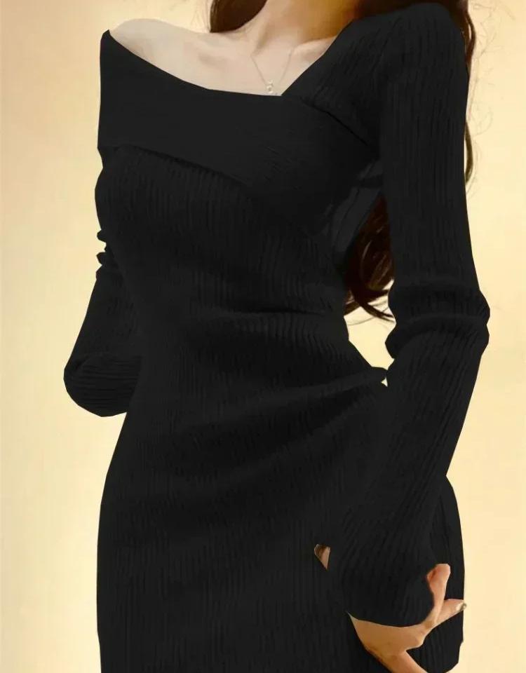 Korean Style Mini Knitted One-piece Dress Women Long Sleeve Tunic Cabaret Dresses Khaki Winter Spring Clothes