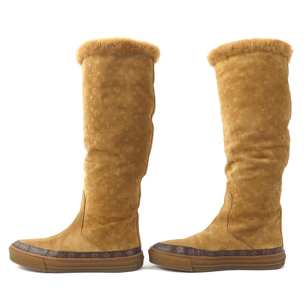 Excellent LOUIS VUITTON Boots Monogram Pattern Mouton Camel Women 36 Used