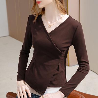 Neck Bottoming Shirt Women's New Women's Cross V-neck Long-sleeved Cotton T-shirt Irregular Design Niche Top