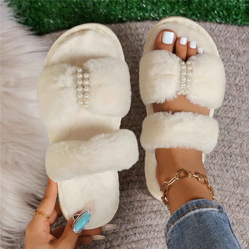 Women Fuzzy Plush Slippers Pearl Bow Decor Open‑Toe Flat Slide Slippers Soft Cozy Non‑Slip Indoor House Shoes For Autumn Winter