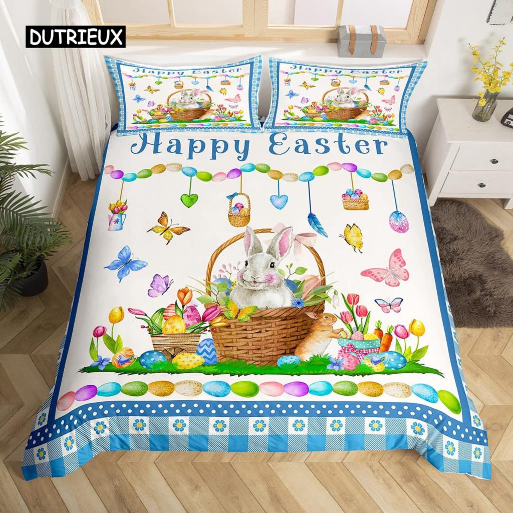 Easter Rabbit Tail Comforter Cover Pastel Pink Tulip Flowers Duvet Cover Twin Easter Eggs Kawaii Animal Bedding Set Easter Decor