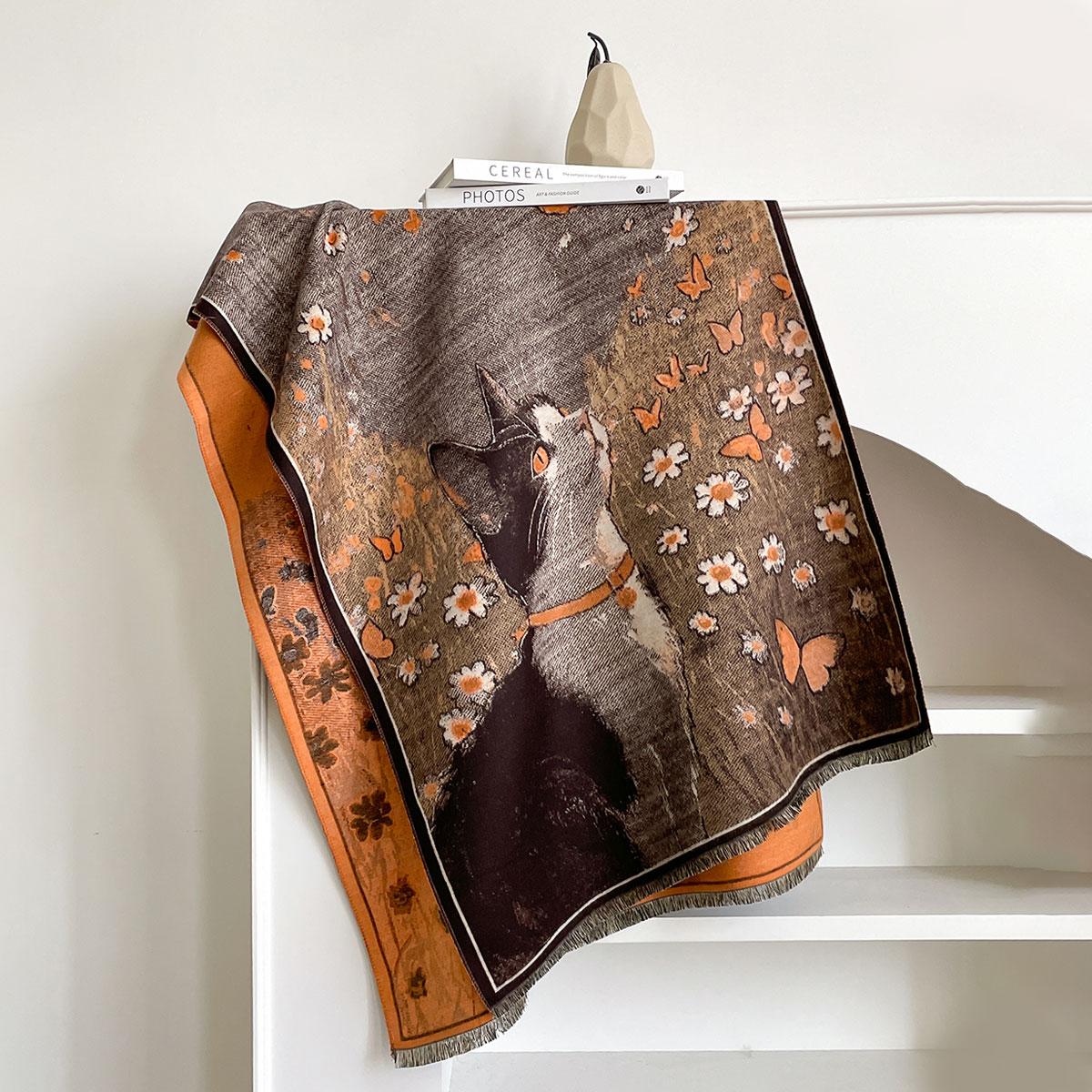 

Elegant Cute Cat Painting Cashmere Scarf For Women Warm Winter Pashmina Shawl Foulard Femme Blanket Scarves Wraps