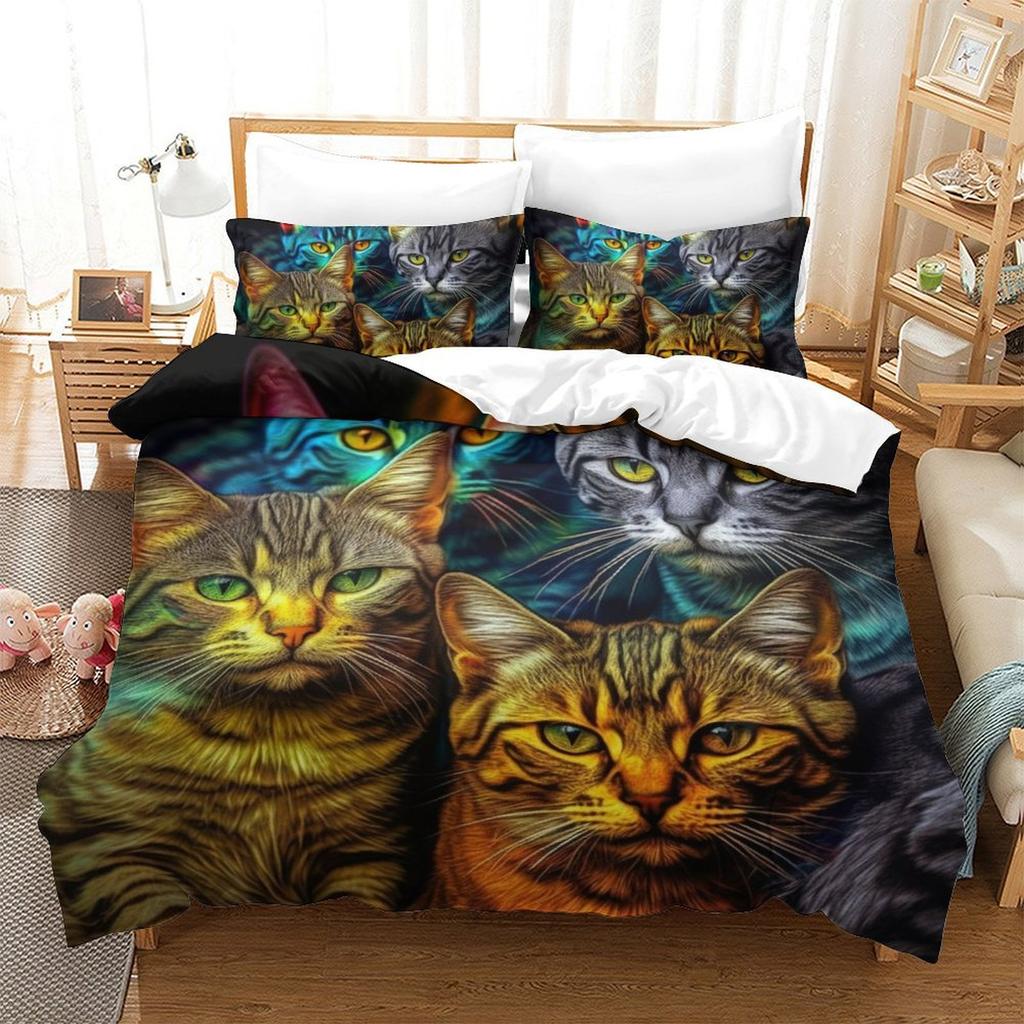 Colorful Cat 3D Digital Printing Polyester Quilt Cover Two Or Three Pieces Can Be