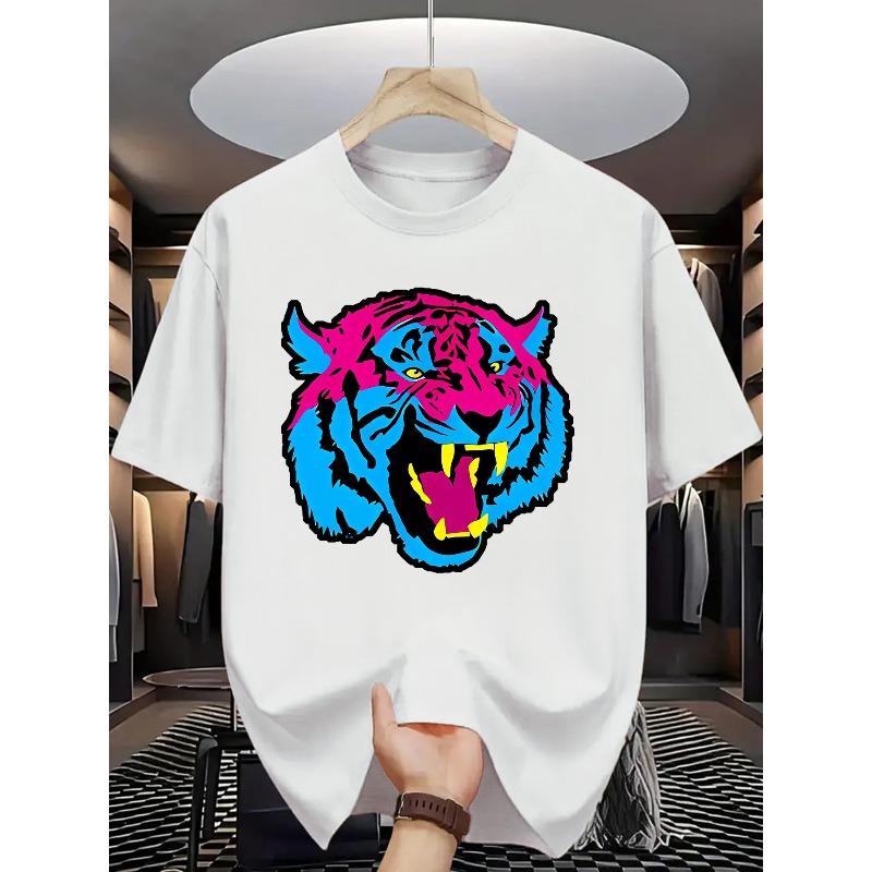 European Size 1pc Summer Fashion Tiger Print T-Shirt for Men,Casual Crew Neck Short Sleeve Tee, Knit Fabric with Slight Stretch, Regular Fit Adult Top