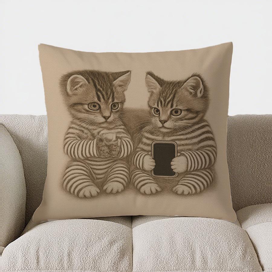 Home Decor Cute Cats In Pjs Holding Phone Pillow Cover Pattern Cushion Cover Suitable For Sofa Bedroom Car Pillow Cover