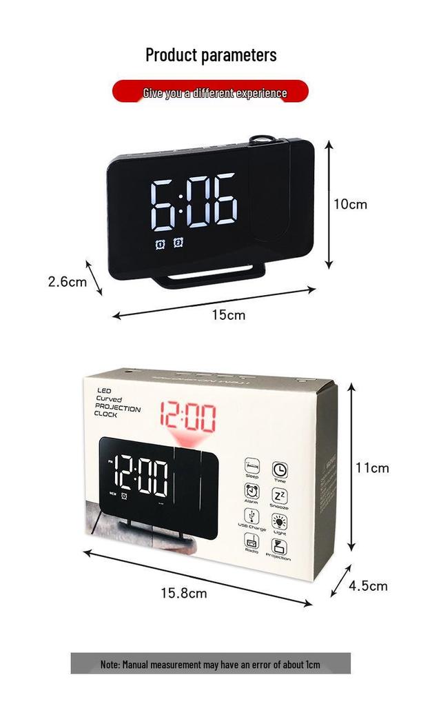 0716 Dual Alarm Clock with Large LED Display, Curved Surface, and Radio Projection