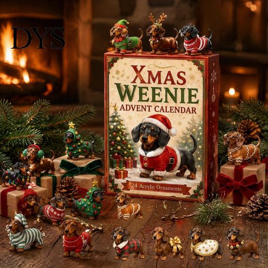 Decorazioni Festive per la Casa 2026 Calendario dell'Avvento Bassotto, 24 Giorni Sorprese Collezionabili Cane con Ornamenti da Appendere per Albero di Natale Cucciolo Figure Acriliche