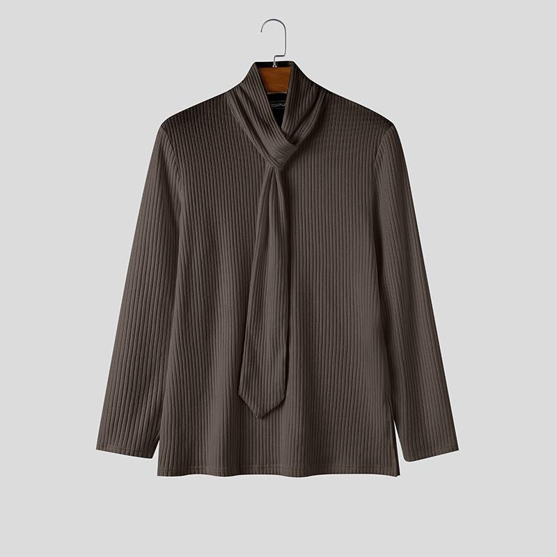 INCERUN Men Long Sleeve with Tie Detail Slim Fit Casual Knit Ribbed Tops Pullovers