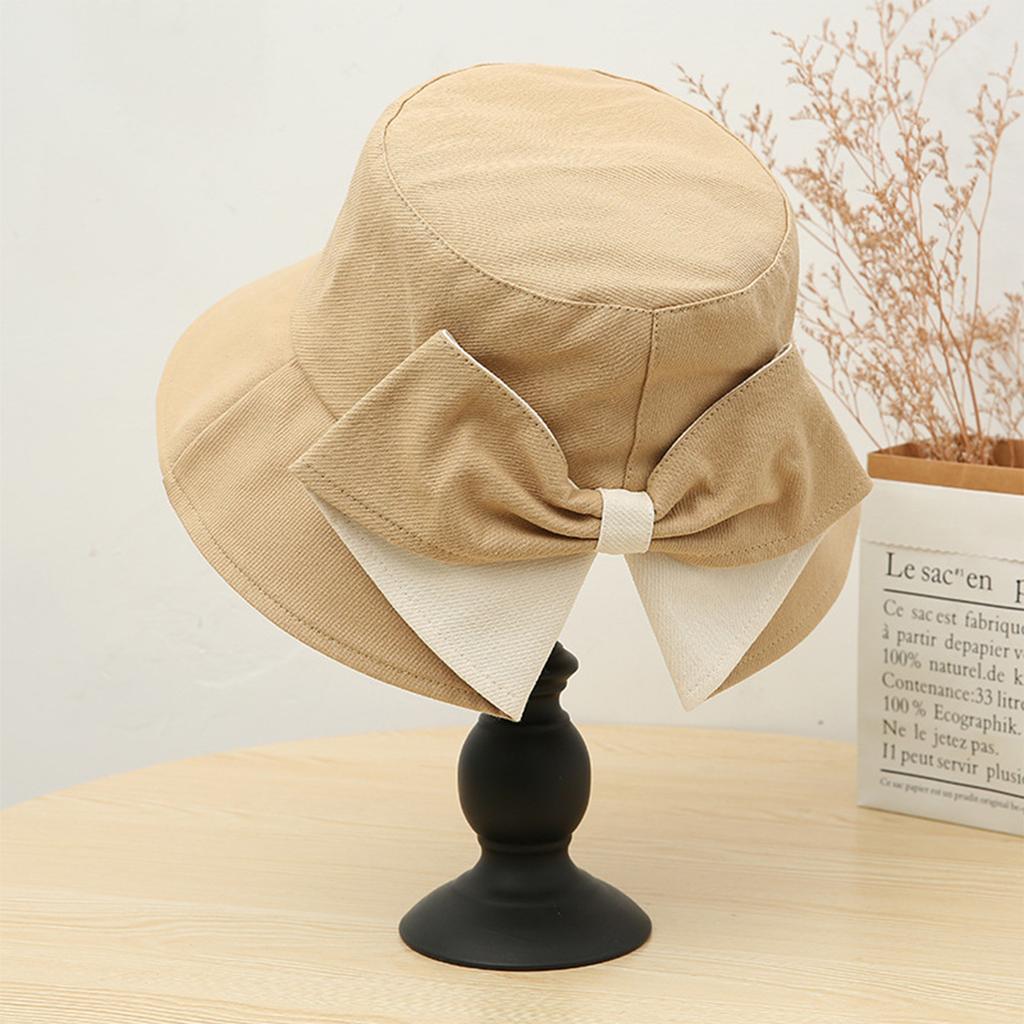Outdoor Trendy Fisherman Hat with Bowknot Sun Protection Hepburn Style Bucket Caps for Women Fishing Camping Traveling