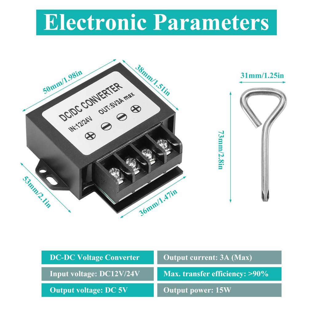 Mzhou 15W DC měnič s dvojitým vstupem na 5V 3A Snadná instalace pro CCTV, obsahuje šroubovák zdarma pro USB napájení 12/24V - Kamera pro nákladní vozidlo/RV, (CE