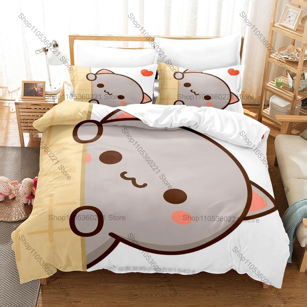 Personality Adorable Peach And Goma Cat Bedding Set New Sweet Couple Printed Duvet Cover Soft Bed Set For Girls Kids Room