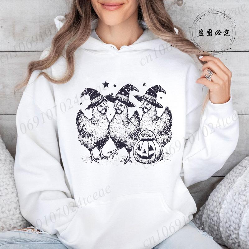Halloween Chick or Treat Print Women  Hoodie Halloween Funny Chicken Graphic Hoodies Horror Spooky Season Sweatshirt Tops