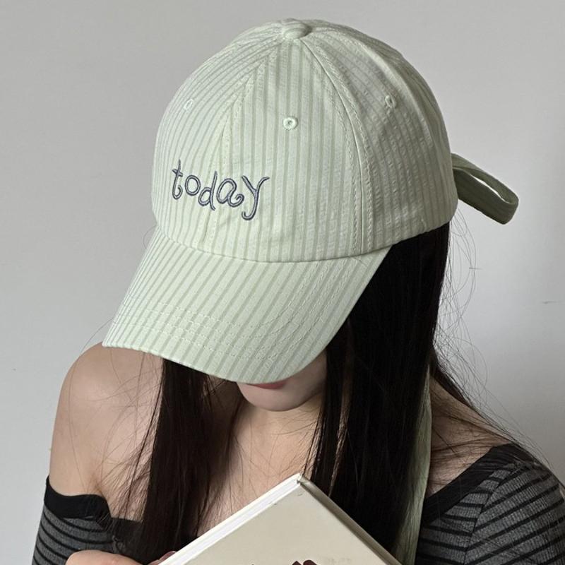 Embroidered Letter Baseball Cap Striped Design Sweet Bow Tie Sports Hat Bow Ribbon Design Cotton Material Embroidered Letter Cap