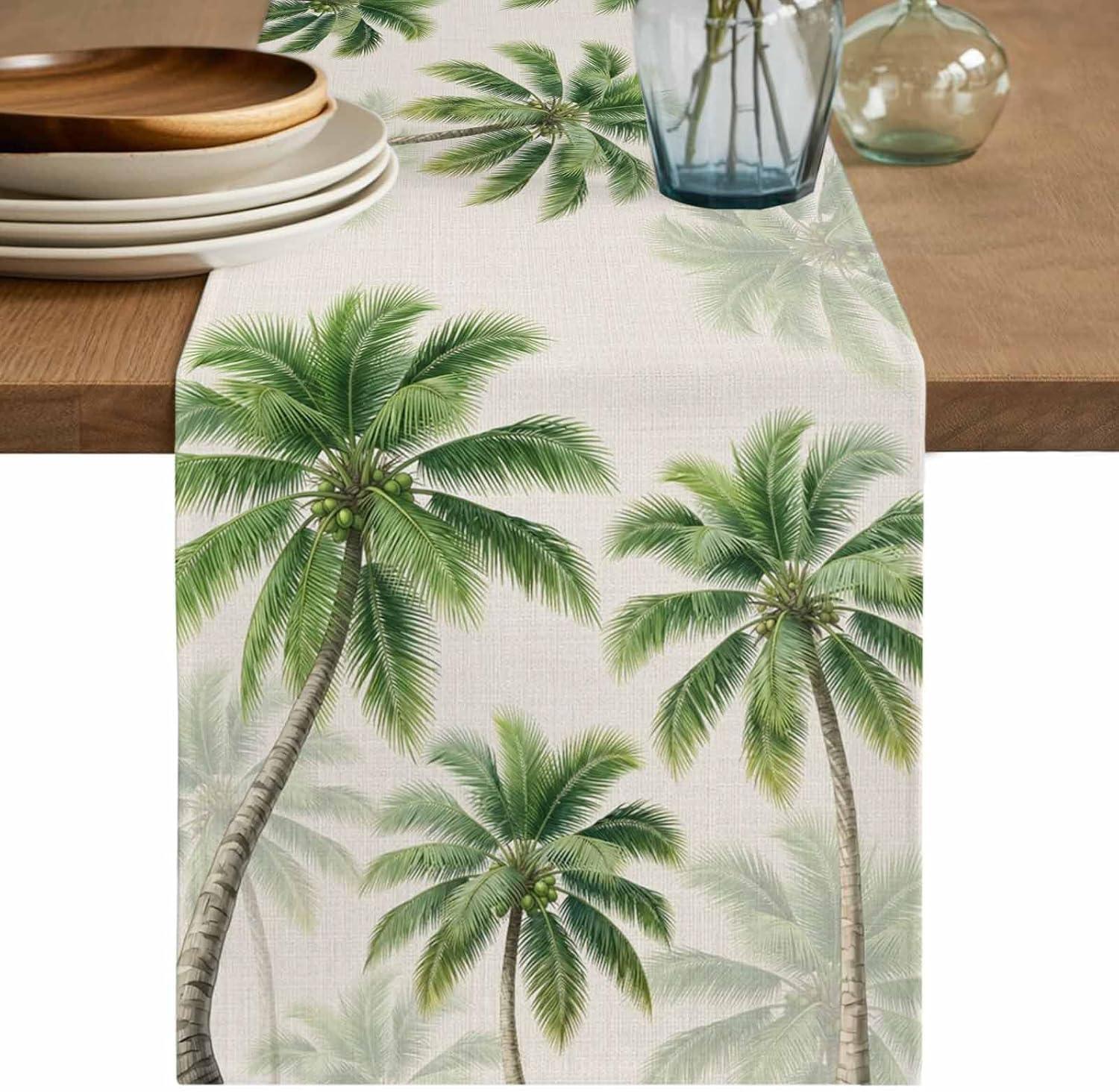 Chemin de Table en Lin Palme Verte Tropicale Décoration de Maison Plantes d'Été Vintage Chemin de Table pour Table de Salle à Manger Cuisine Décoration de Fête de Fête 150x33cm beige
