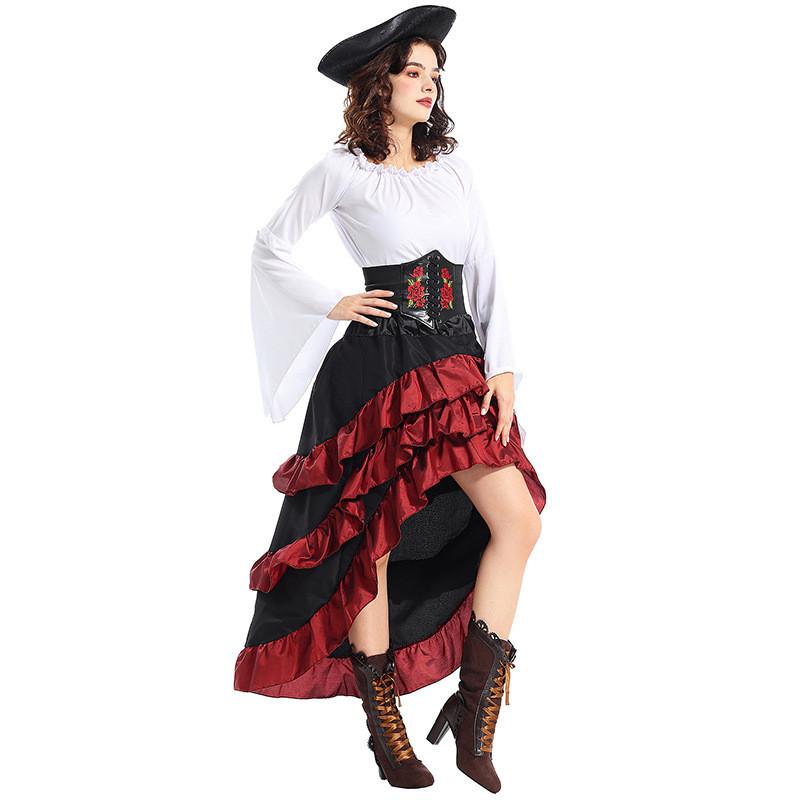 Game Themed Pirate Queen Costume With Ruffled Long Dress For Cosplay Enthusiasts