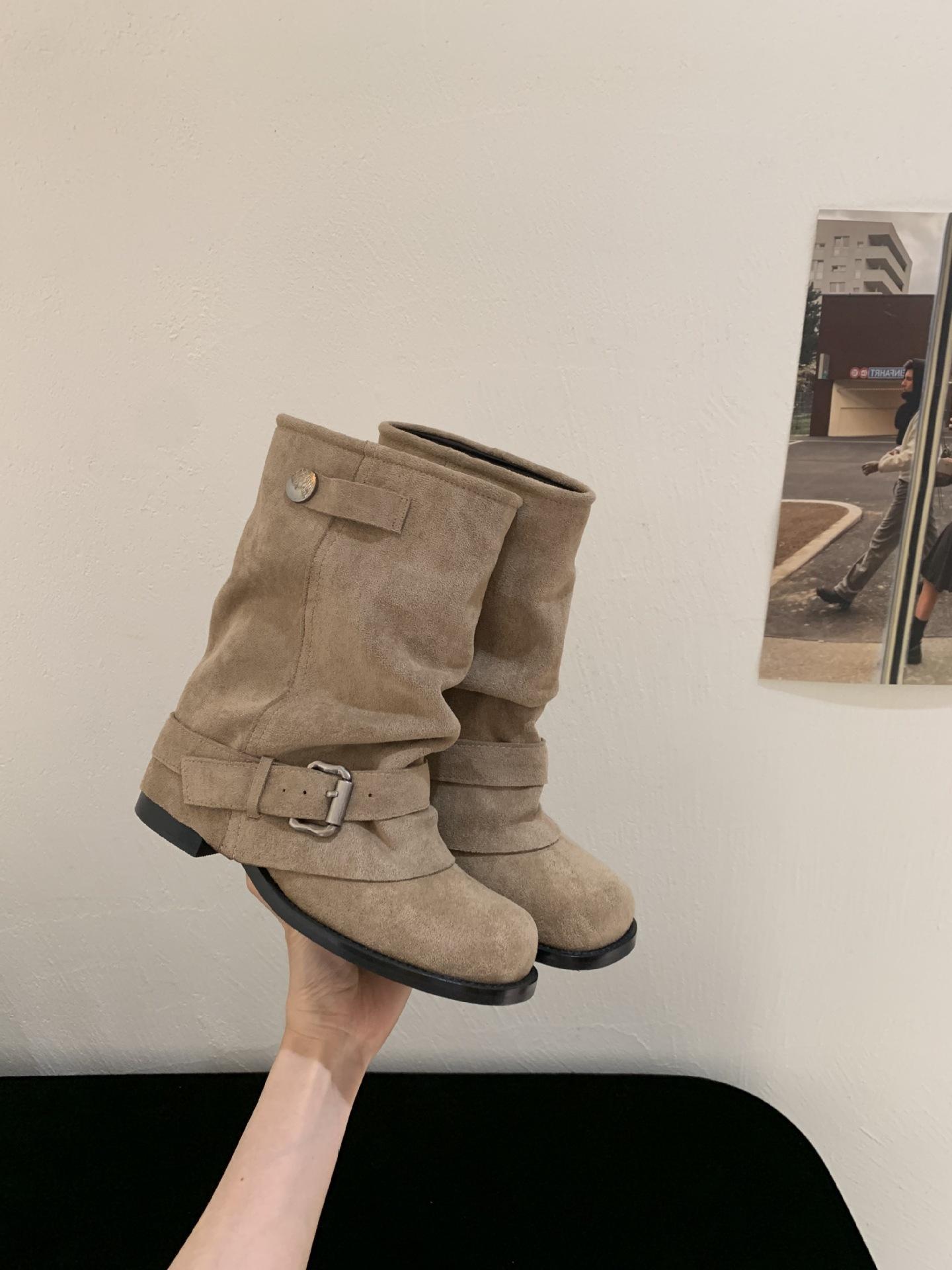 

4СМ и высокие Маяр широкие голенища плиссированные ботфорты женские 2025 новые ретро круглый носок толстая подошва брючные трубы сапоги 39 хаки